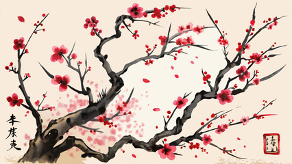 A tree with red blossoms is painted in a style that is reminiscent of Japanese art. The tree is depicted as having a strong, sturdy trunk and branches that are full of blossoms