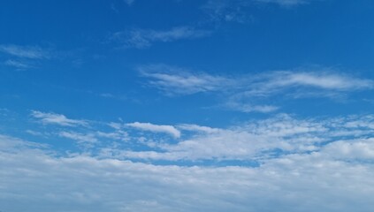Blue sky with scattered white clouds. Natural background with light cirrus and cumulus clouds. Springtime weather and atmospheric concept for banner and header