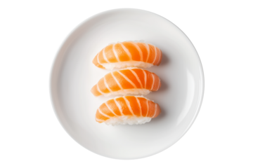 Salmon nigiri sushi arranged neatly on white plate, isolated on white transparent background, concept of Japanese cuisine