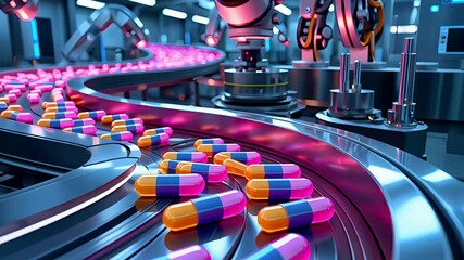 Robotic Arms Sorting Colorful Pills on Conveyor in Pharmaceutical Factory - Powered by Adobe