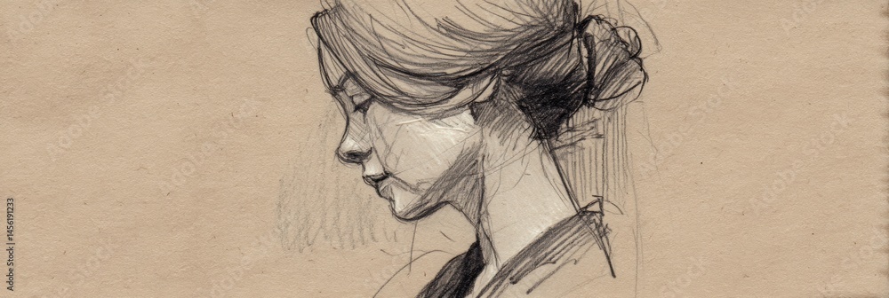 Poster pencil sketch of a womans profile highlighting delicate features on textured paper generative ai