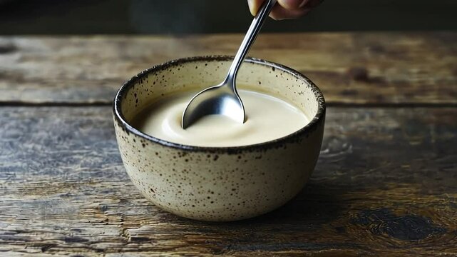 Creamy liquid poured from spoon into bowl