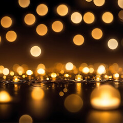 Abstract glowing shiny celebration dark Golden bokeh lights on dark background, ai