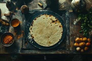Fresh roti on stove with surrounding ingredients in traditional kitchen.