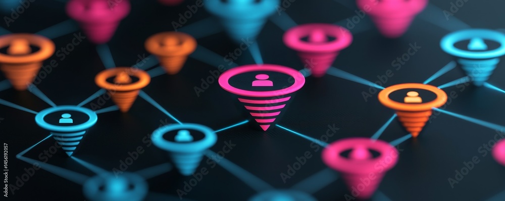 Poster abstract network with colorful nodes and connections. digital marketing seo automation concept.