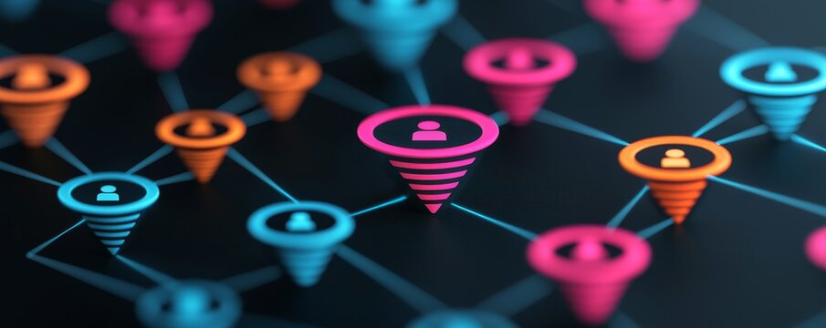 Abstract network with colorful nodes and connections. Digital marketing SEO automation concept.