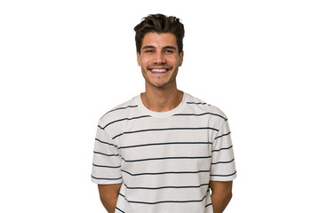 Young handsome caucasian man isolated on white background happy, smiling and cheerful.