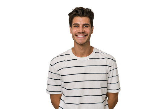 Young handsome caucasian man isolated on white background happy, smiling and cheerful.