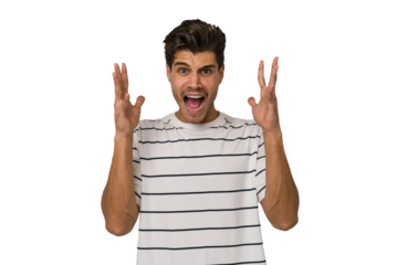 Young handsome caucasian man isolated on white background screaming to the sky, looking up, frustrated.