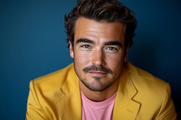 Fototapeta premium In this studio portrait, a young man models a vibrant yellow blazer and a pink t-shirt, posed against a saturated blue background, highlighting contemporary fashion's penchant for playful, graphic