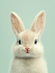 A hybrid bird featuring a narrow neck, dotted body, and upright pink bunny ears gazes forward with confidence, set against a muted green background as a stylized fantasy character