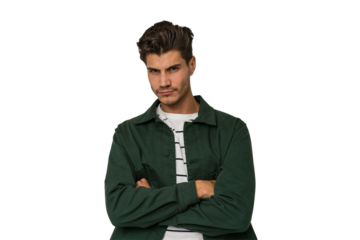 Young handsome caucasian man isolated on white background suspicious, uncertain, examining you.
