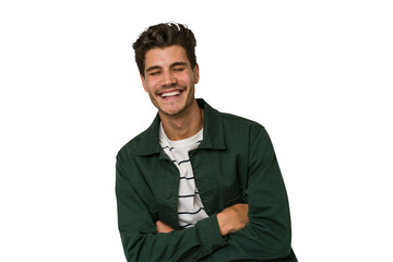 Young handsome caucasian man isolated on white background laughing and having fun.