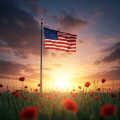 Patriotic Memorial Day scene: American flag flying over poppy field at sunrise. Low angle view, dramatic sky, lens flare.
