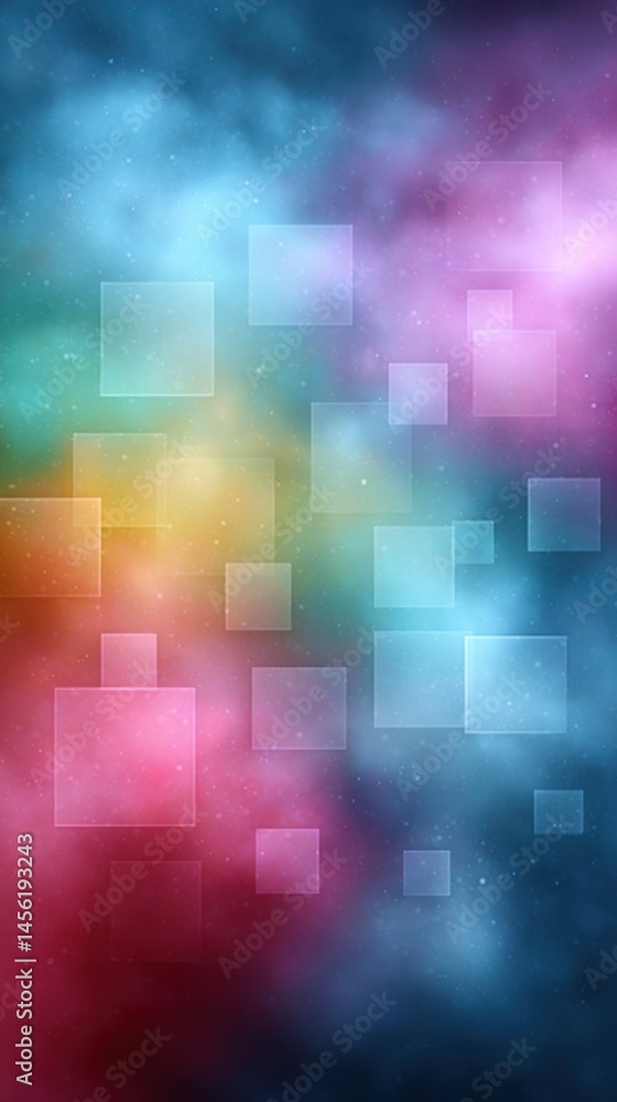 Poster An abstract dreamy background features glowing translucent squares floating across vibrant colors creating a magical and ethereal feel for design