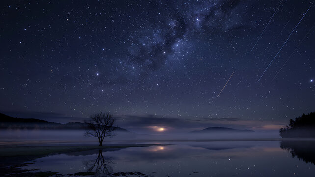 Serene night starry sky milky way reflects on tranquil lake lonely tree mystic beauty