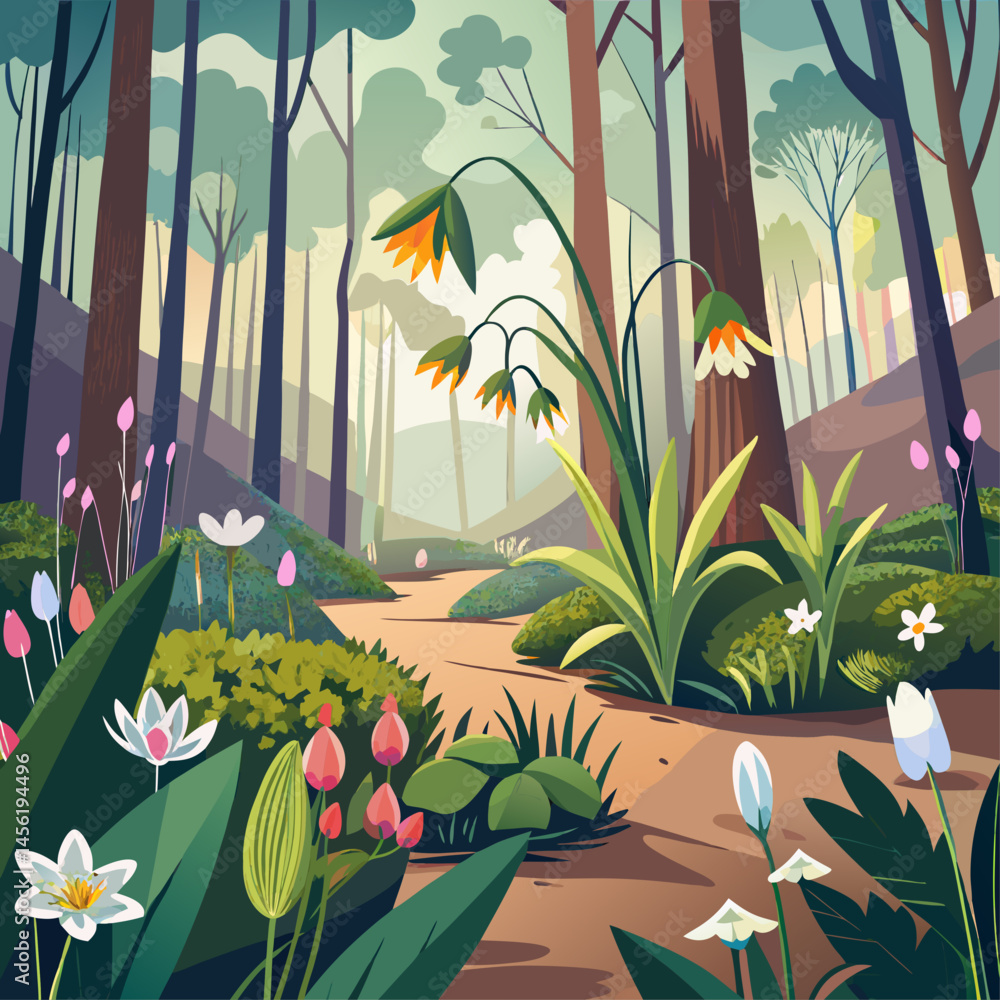Poster a cartoon drawing of a forest with a path through it. the path is lined with flowers and plants, and