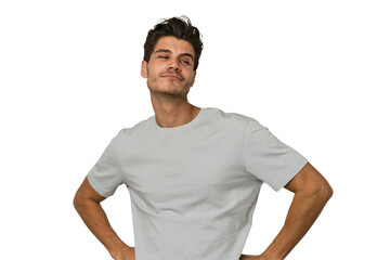 Young handsome caucasian man isolated on white background dreaming of achieving goals and purposes