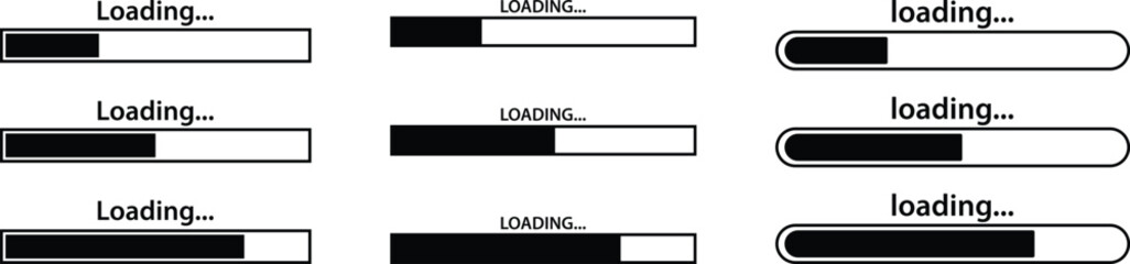 Loading bar icons. Loading bar progress icon. Loading signs bar, Download progress icon. Loading status vector illustration