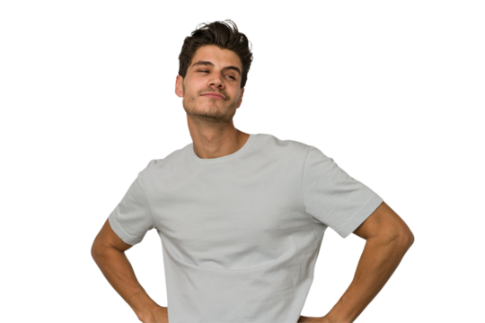 Young handsome caucasian man isolated on white background dreaming of achieving goals and purposes