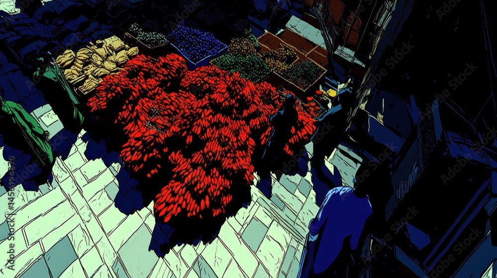 Poster abstract cityscape aerial view in vibrant pixelated style showcasing colorful structures and intrica