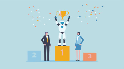 Obraz premium AI Robot Wins Gold Celebratory confetti rains down on the triumphant bot humans cheer on the podium