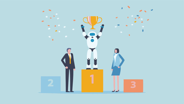 AI Robot Wins Gold Celebratory confetti rains down on the triumphant bot humans cheer on the podium
