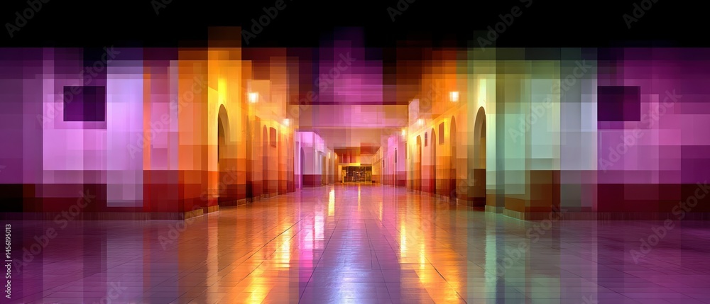 Poster An abstract building interior hallway is rendered with colorful mosaic-like blocks creating artistic and mesmerizing visual effect.