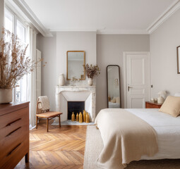 Bright Parisian Apartment Bedroom Interior Design with Neutral Tones