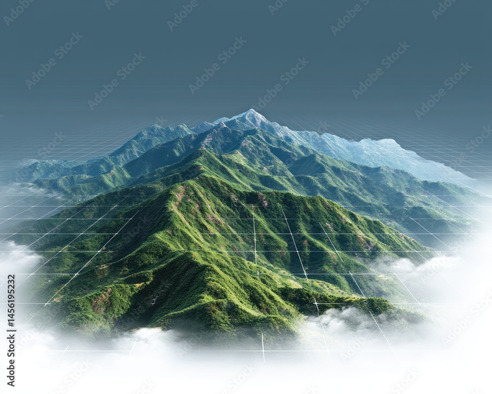 Poster Verdant mountain range rises above a sea of clouds under a clear sky, with a digital grid overlay highlighting topographic data analysis.