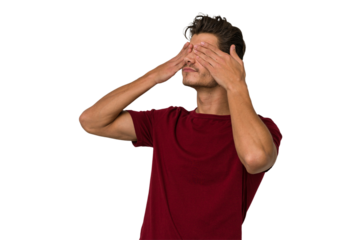 Young handsome caucasian man isolated on white background afraid covering eyes with hands.