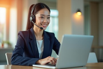 Young Asian. Woman professional. Customer support. Online communication. Corporate environment. Technology usage. Businesswoman smiling. Modern office. Warm lighting. Blue tone. Positive mood. Servic