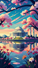A painting of the Washington Monument with cherry blossoms in the background. The painting is very colorful and has a very peaceful and serene mood