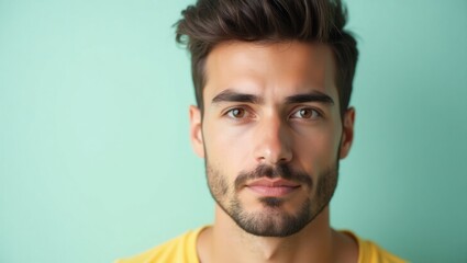 Obraz premium Thcv. Young man with beard and short hair confident portrait light blu