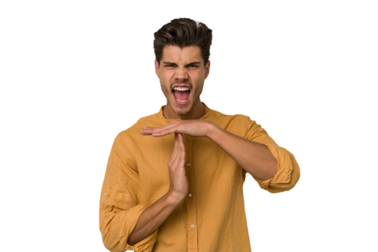 Young handsome caucasian man isolated on white background showing a timeout gesture.