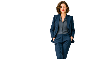 Professional Woman in Business Suit Standing Confidently Against a Black Background Suitable f