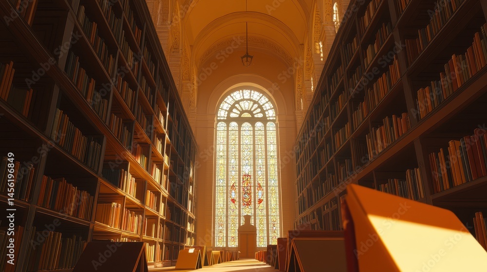 Poster illuminated antique library perspective with rows of aged volumes and arched windows creating a time