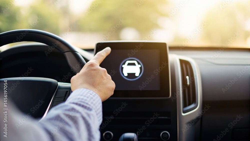Poster a driver interacts with a touchscreen display in a car, selecting features or settings, with a soft-