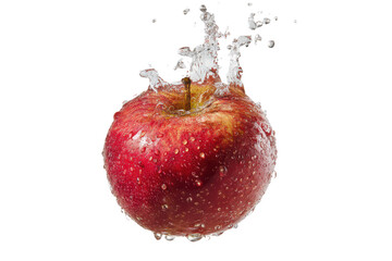 Fresh red apple splashing into water, isolated on transparent background