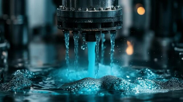 Teal-colored slurry flowing from a hydrometallurgical reactor during the LFP battery recycling process. The vibrant solution highlights the dissolution of black mass in a high-tech industrial setting.