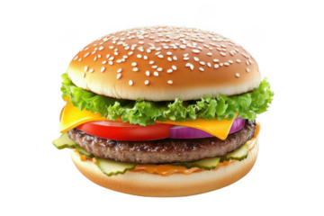 Delicious burger with fresh toppings and sesame bun for Fast Food Theme