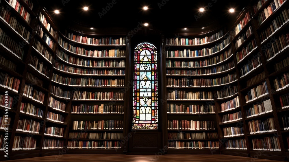 Poster grand library interior with illuminated stained glass window showcasing knowledge and historical tex