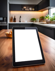 Fototapeta premium Modern digital tablet with a Transparent screen, sleek technology, kitchen in background.