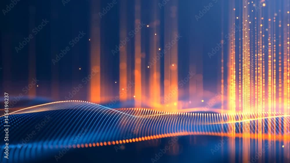 Poster glowing digital waveform with shimmering edges creates mesmerizing visuals in vibrant colors and dyn