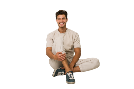 Young caucasian man sitting on the floor isolated on white background
