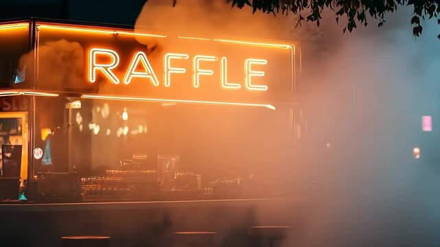 Experience a vibrant minimalist raffle setup glowing in the evening surrounded by fun and excitement in an engaging atmosphere