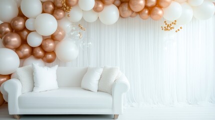 A beautifully decorated indoor setting featuring a chic white couch surrounded by a vibrant balloon arrangement in tasteful shades of peach, white, and gold for celebrations.