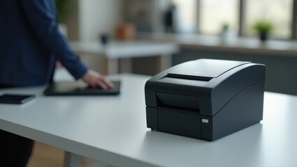 Thermal Printer. Printing device focus. Trend product close-up. Thermal printer sits atop table beside keyboard, its focus on printing work.