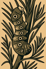 Caterpillar Climbing Branch Among Needles Illustration for Biology or Education