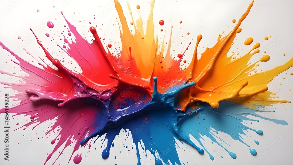Poster vibrant explosion of colors: abstract paint splashes on white canvas, creating a dynamic and energet